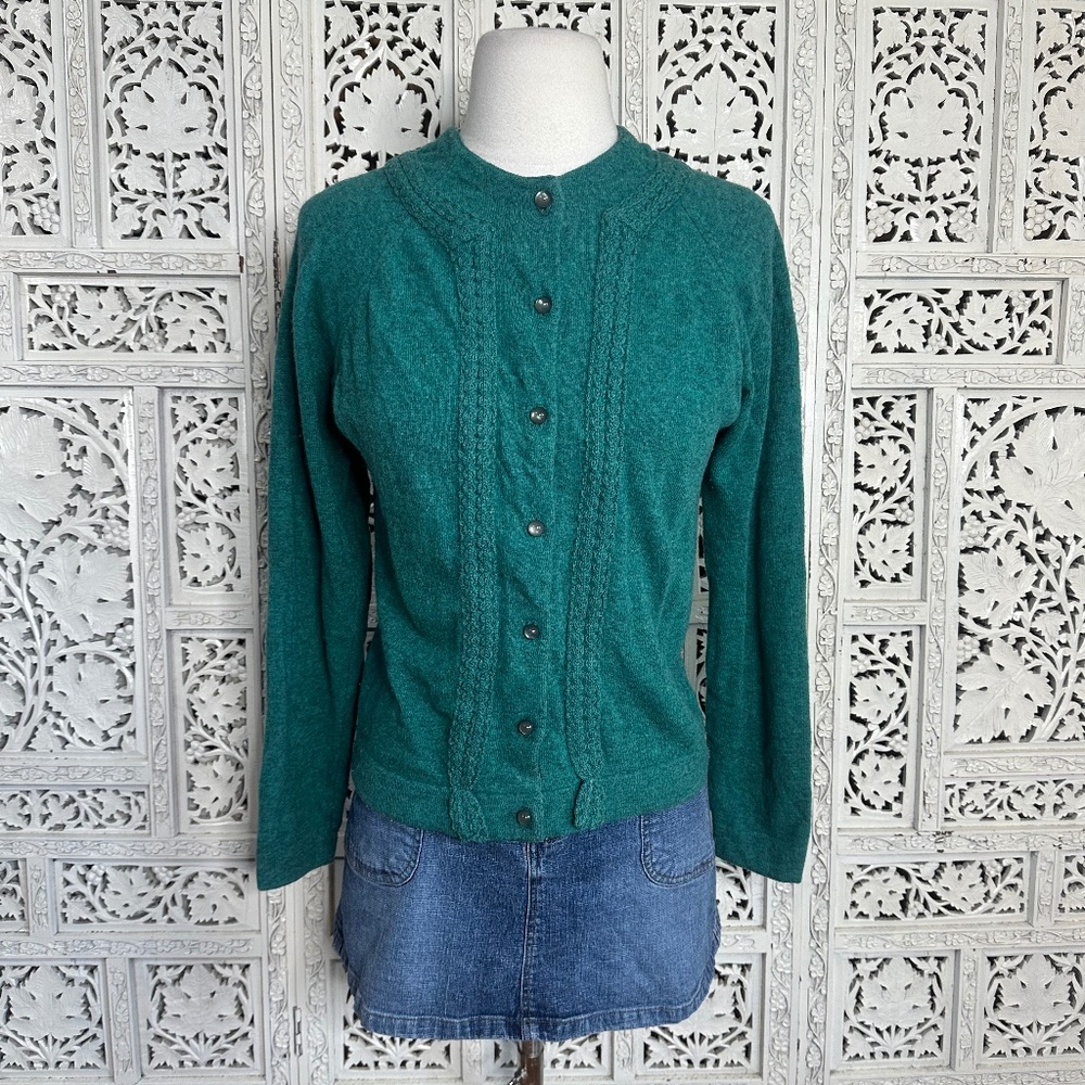 Vtg Casual Corner Emerald Green Lambswool Rabbit Hair Blend‎ Button Up Cardigan
